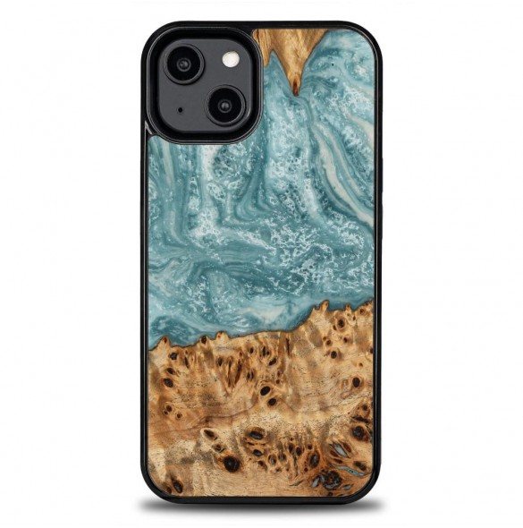 Wood and resin case for iPhone 15 Plus Bewood Unique Uranus - blue and white