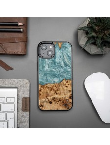 Wood and resin case for iPhone 15 Plus Bewood Unique Uranus - blue and white