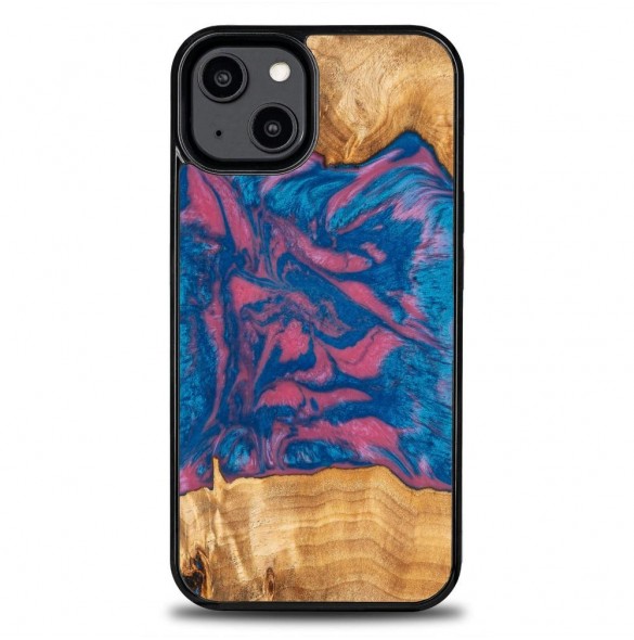 Wood and resin case for iPhone 15 Plus Bewood Unique Vegas - pink and blue