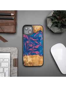 Wood and resin case for iPhone 15 Plus Bewood Unique Vegas - pink and blue