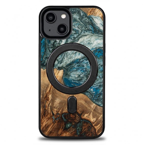Wood and resin case for iPhone 15 Plus MagSafe Bewood Unique Planet Earth - blue-green