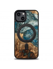 Wood and resin case for iPhone 15 Plus MagSafe Bewood Unique Planet Earth - blue-green