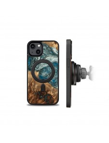 Wood and resin case for iPhone 15 Plus MagSafe Bewood Unique Planet Earth - blue-green