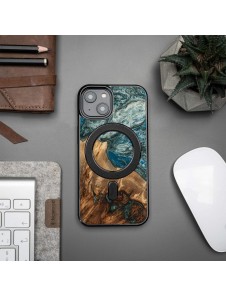 Wood and resin case for iPhone 15 Plus MagSafe Bewood Unique Planet Earth - blue-green