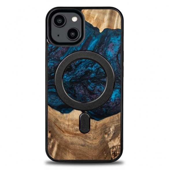 Wood and resin case for iPhone 15 Plus MagSafe Bewood Unique Neptun - navy blue and black
