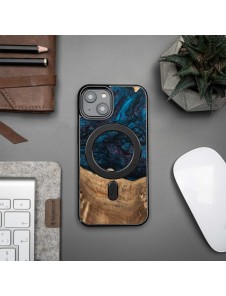 Wood and resin case for iPhone 15 Plus MagSafe Bewood Unique Neptun - navy blue and black