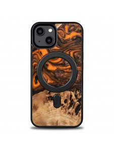 Wood and resin case for iPhone 15 Plus MagSafe Bewood Unique Orange - orange and black