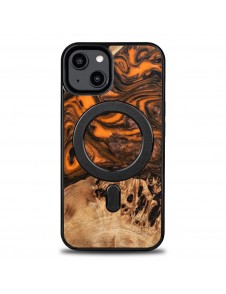 Wood and resin case for iPhone 15 Plus MagSafe Bewood Unique Orange - orange and black