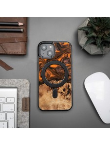 Wood and resin case for iPhone 15 Plus MagSafe Bewood Unique Orange - orange and black
