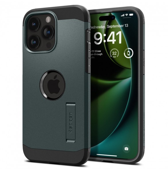 Spigen Tough Armor MagSafe case with stand for iPhone 15 Pro Max - green