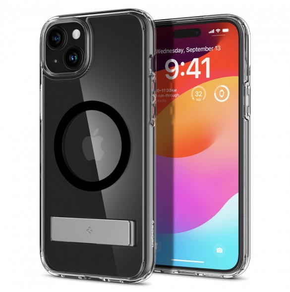 Spigen Ultra Hybrid S MagSafe case with stand for iPhone 15 Plus - black