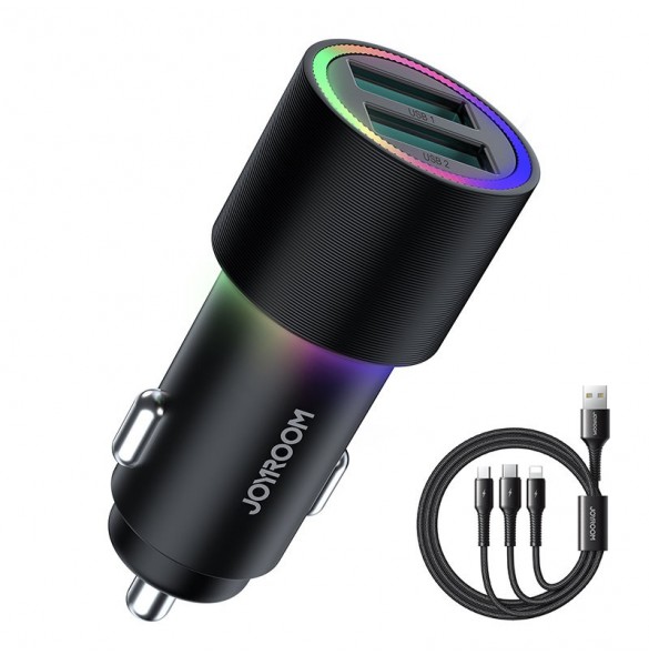 Joyroom billaddare 2 x USB med belysning 24W + strömkabel 3in1 USB Typ C / micro USB / Lightning 1,2m svart (JR-CL10)