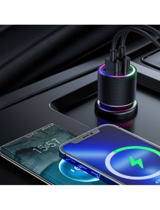 Joyroom billaddare 2 x USB med belysning 24W + strömkabel 3in1 USB Typ C / micro USB / Lightning 1,2m svart (JR-CL10)