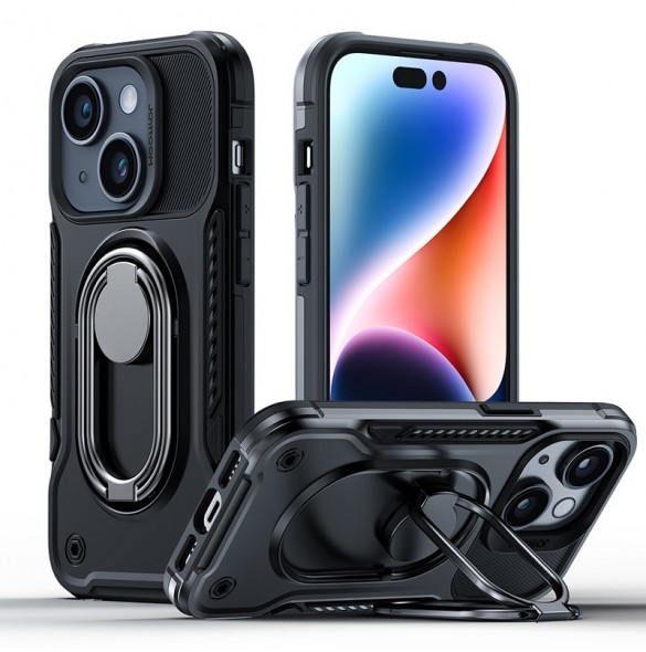 Joyroom Dual Hinge fodral för iPhone 14 Plus pansarfodral med stativ och en ringhållare svart