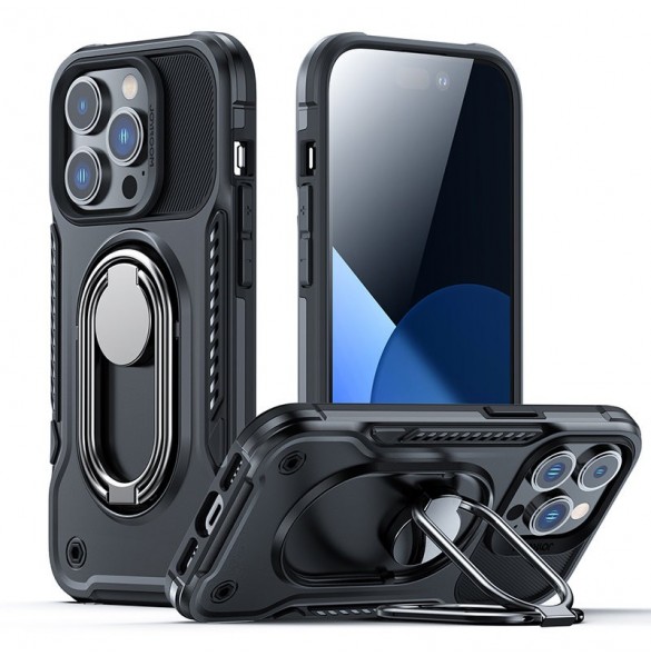 Joyroom Dual Hinge fodral för iPhone 14 Pro pansarfodral med stativ och en ringhållare svart