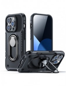 Joyroom Dual Hinge fodral för iPhone 14 Pro pansarfodral med stativ och en ringhållare svart