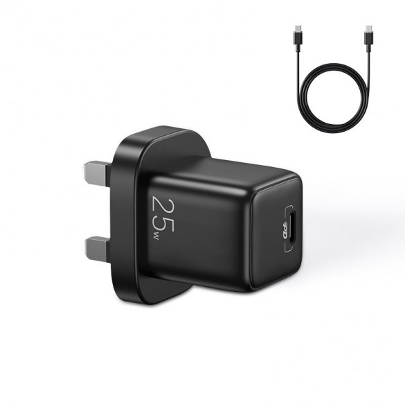 Joyroom liten snabbladdare USB Typ C PD 25W UK-kontakt svart + USB Typ C - USB Typ C-kabel (L-P251)