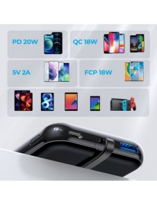 Joyroom Linglong powerbank 10000mAh 20W Strömförsörjning Snabbladdning USB / USB Typ C / inbyggd USB Type C-kabel svart JR-L001