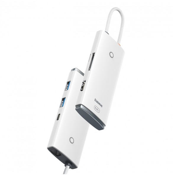 Baseus Lite-serien multifunktionell HUB USB Typ C - 2 x USB 3.0 / USB Typ C PD / HDMI 1,4 / SD / TF vit (WKQX050102)