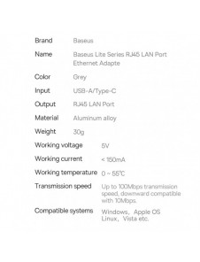 Baseus Lite Series USB-adapter - RJ45 LAN-uttag 100 Mbps grå (WKQX000013)