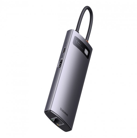 Baseus StarJoy HUB 6-portars USB-C - 3x USB-A / 1x HDMI / 1x RJ45 / 1x USB-C PD grå