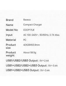 Baseus Compact laddare 3x USB 17W vit (CCXJ020102)