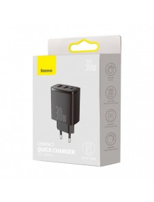 Baseus Kompakt snabbladdare 2x USB / USB Typ C 30W 3A Strömförsörjning Snabbladdning svart (CCXJ-E01)