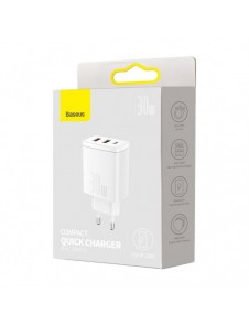 Baseus Kompakt snabbladdare 2x USB / USB Typ C 30W 3A Strömförsörjning Snabbladdning vit (CCXJ-E02)