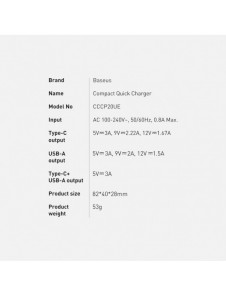 Baseus Kompakt snabbladdare USB / USB Typ C 20W 3A Power Delivery Quick Charge 3.0 svart (CCXJ-B01)