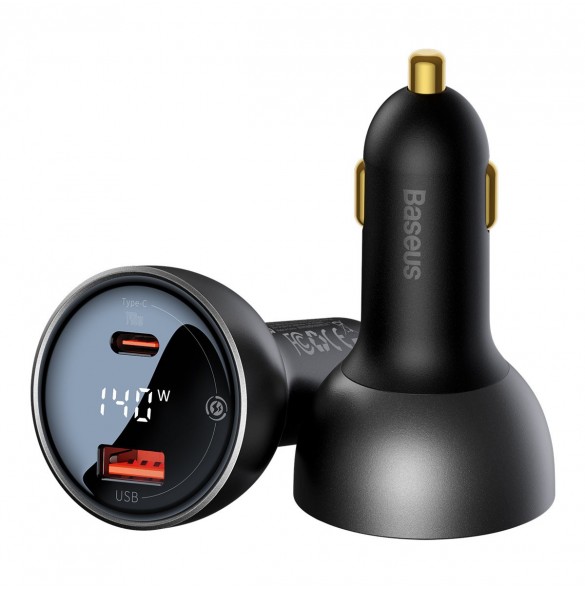 Baseus Digital Display Snabb Billaddare USB-A / USB-C PD3.1 140W svart + USB-C-kabel Baseus Superior Series 5A 240W 1m svart (CG
