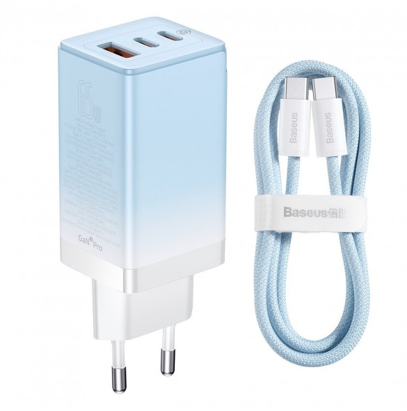 Baseus snabbladdare GaN 2 x USB Typ C / USB 65W QC PD blå (CCGP050103) + snabbladdningskabel USB Typ C 100W 1m blå