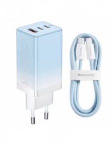 Baseus snabbladdare GaN 2 x USB Typ C / USB 65W QC PD blå (CCGP050103) + snabbladdningskabel USB Typ C 100W 1m blå