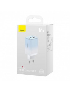 Baseus snabbladdare GaN 2 x USB Typ C / USB 65W QC PD blå (CCGP050103) + snabbladdningskabel USB Typ C 100W 1m blå
