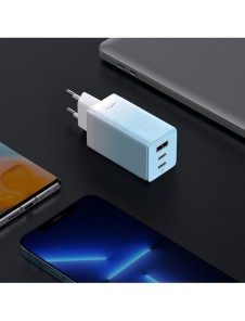 Baseus snabbladdare GaN 2 x USB Typ C / USB 65W QC PD blå (CCGP050103) + snabbladdningskabel USB Typ C 100W 1m blå