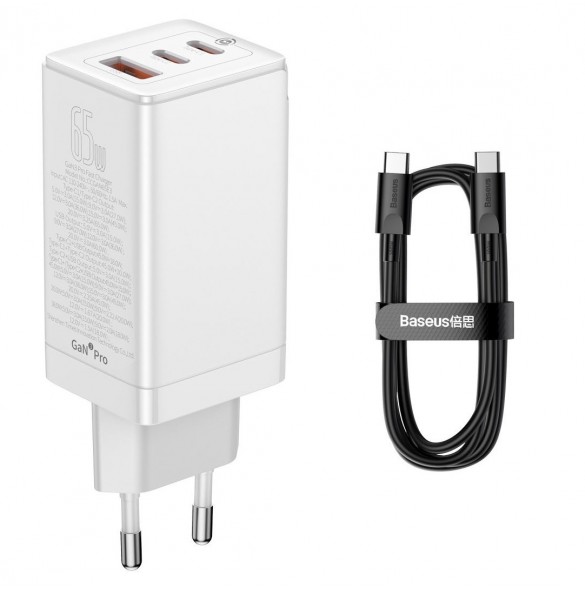 Baseus GaN3 Pro snabb universal GaN-laddare 2 x USB Typ C / USB + kabel USB Typ C - USB Typ C 65W PD3.0, QC4.0 +, AFC vit (CCGP0