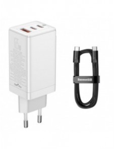 Baseus GaN3 Pro snabb universal GaN-laddare 2 x USB Typ C / USB + kabel USB Typ C - USB Typ C 65W PD3.0, QC4.0 +, AFC vit (CCGP0