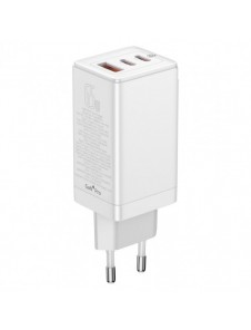 Baseus GaN3 Pro snabb universal GaN-laddare 2 x USB Typ C / USB + kabel USB Typ C - USB Typ C 65W PD3.0, QC4.0 +, AFC vit (CCGP0