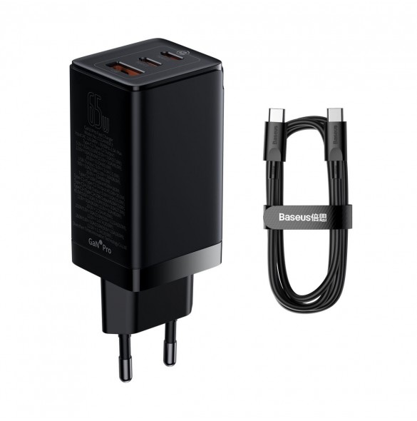 Baseus GaN3 Pro snabb universal GaN-laddare 2 x USB Typ C / USB 65W PD3.0, QC4.0 +, AFC svart + USB Typ C - USB Typ C-kabel 1m (