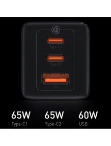 Baseus GaN3 Pro snabb universal GaN-laddare 2 x USB Typ C / USB 65W PD3.0, QC4.0 +, AFC svart + USB Typ C - USB Typ C-kabel 1m (