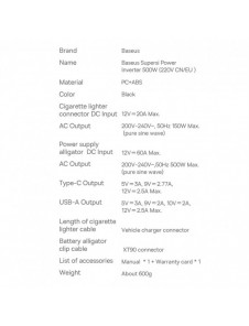 Baseus bilströmväxelriktare 150W 12V / 500W 220V (EU- och CN-kontakt) svart (CGNB000101)