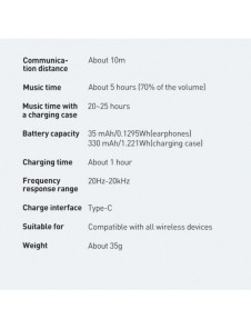 Baseus E3 Wireless Bluetooth 5.0 TWS Öronsnäckor Vattentät IP64 Vit (NGTW080002)