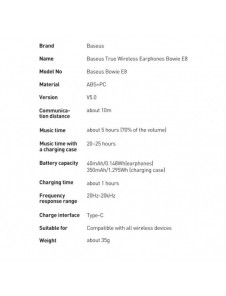 Baseus E8 Wireless Bluetooth 5.0 TWS Öronsnäckor Vattentät IPX5 Vit (NGE8-02)