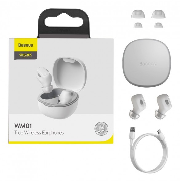 Baseus Encok WM01 TWS trådlösa in-ear Bluetooth 5.3 hörlurar vit uppgraderad version (NGTW240002)