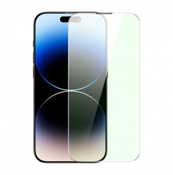Baseus helskärmshärdat glas för iPhone 14 Pro Max med antiblått ljusfilter och 0,3 mm högtalarskydd + monteringsram