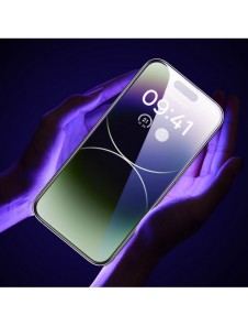 Baseus helskärmshärdat glas för iPhone 14 Pro Max med antiblått ljusfilter och 0,3 mm högtalarskydd + monteringsram