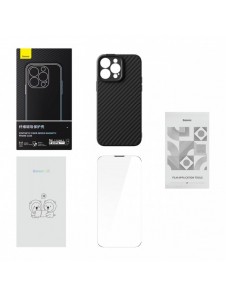 Pansarfodral för iPhone 14 Pro kompatibelt med MagSafe Baseus Syntetfiber härdat glas - svart