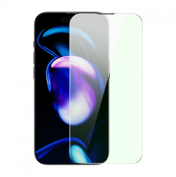Baseus helskärmshärdat glas för iPhone 14 Pro med antiblått ljusfilter och 0,3 mm högtalarskydd + monteringsram