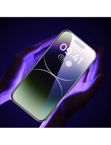 Baseus helskärmshärdat glas för iPhone 14 Pro med antiblått ljusfilter och 0,3 mm högtalarskydd + monteringsram