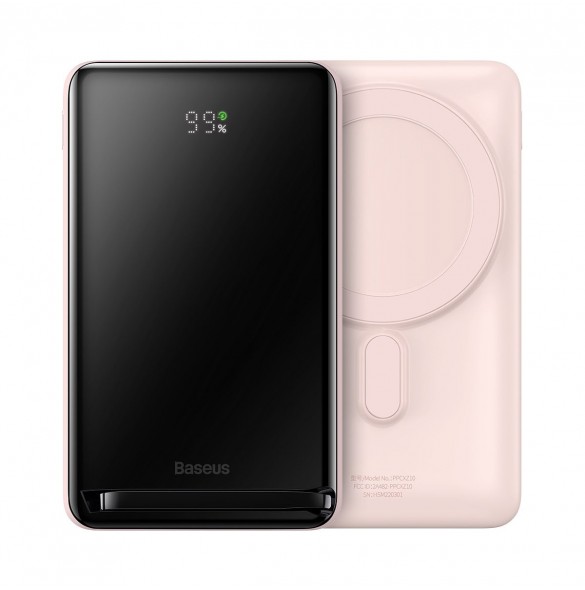Baseus Magnetic Bracket powerbank med trådlös laddning MagSafe 10000mAh 20W Overseas Edition rosa (PPCX000204) + USB Type C-kabe