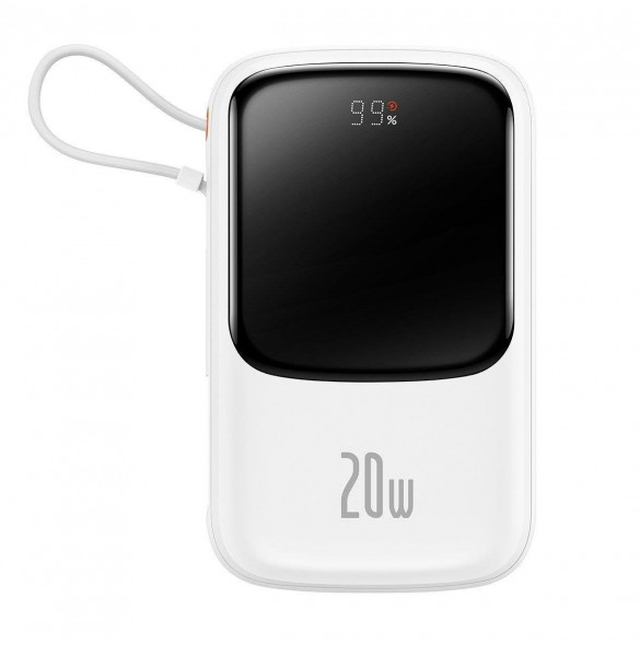 Baseus Qpow Digital Display Power Bank med snabbladdning 10000mAh 20W QC/PD/SCP/FCP med inbyggd Lightning-kabel Vit